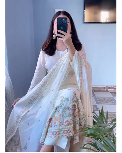 White Floral Embroidered Anarkali Kurti Pant Dupatta Set Luxury Festive