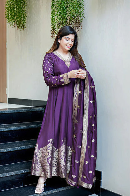 Royal Purple Anarkali Kurti Pant Dupatta Set