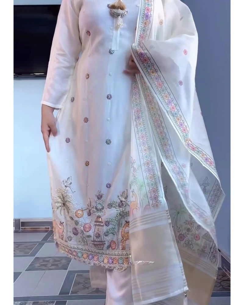 White Floral Embroidered Anarkali Kurti Pant Dupatta Set Luxury Festive
