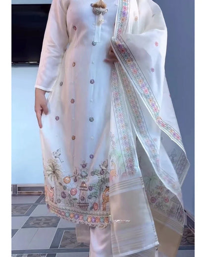 White Floral Embroidered Anarkali Kurti Pant Dupatta Set Luxury Festive