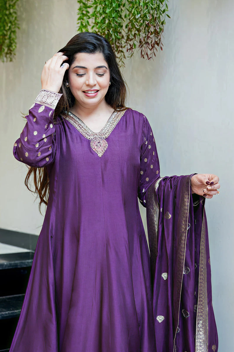 Royal Purple Anarkali Kurti Pant Dupatta Set