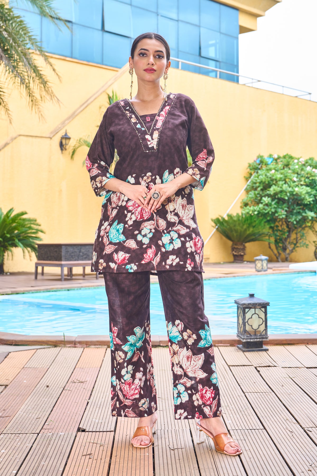 Stylish Brown Pure Cotton Floral Co-ords Set