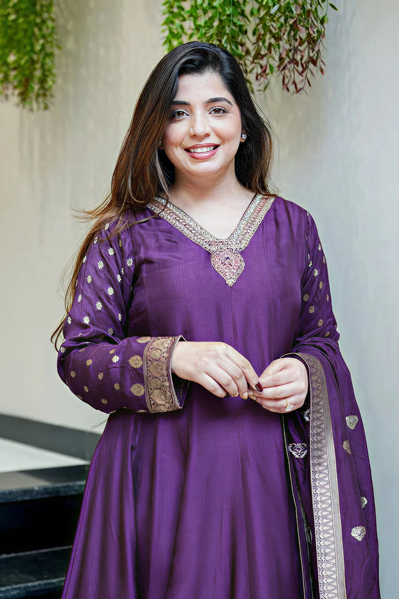 Royal Purple Anarkali Kurti Pant Dupatta Set