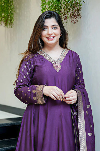 Royal Purple Anarkali Kurti Pant Dupatta Set