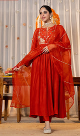 Orange Chanderi Silk Embroidered Suit Set