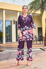 Elegant Purple Pure Cotton Floral Co-ords Set