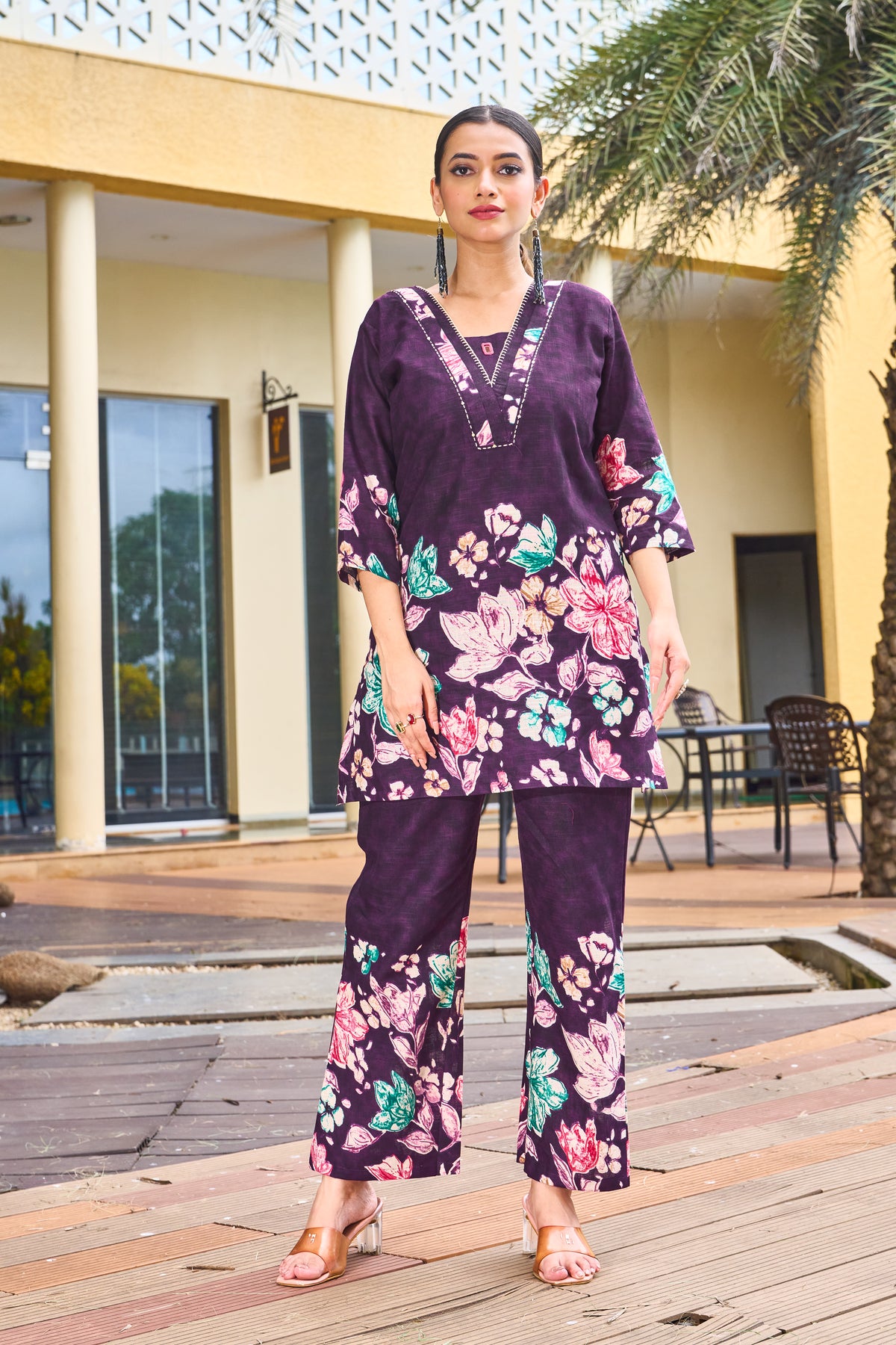 Elegant Purple Pure Cotton Floral Co-ords Set