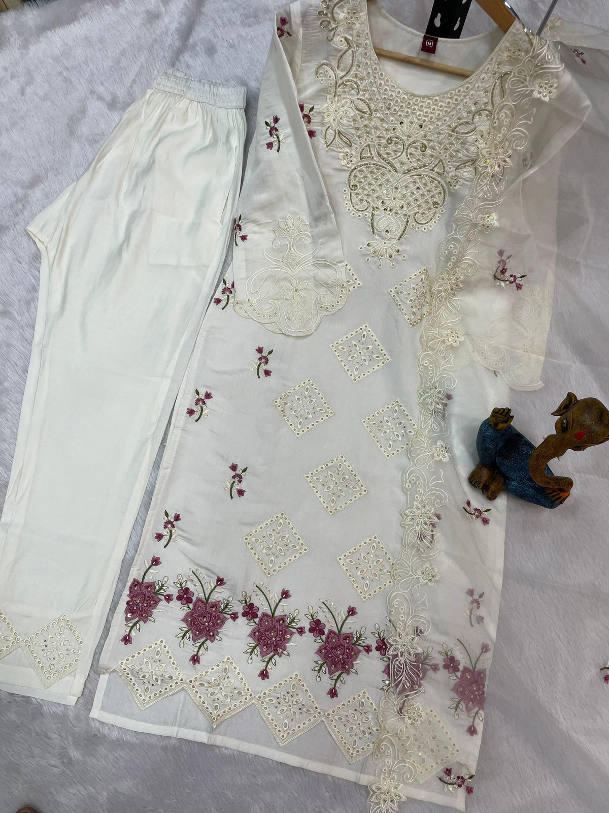 White Heavy Viscose Roman Silk Embroidered Kurti Pant Dupatta Set