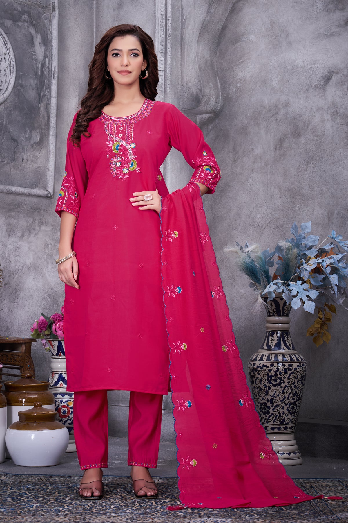 Pink Roman Silk Kurti Pant Set