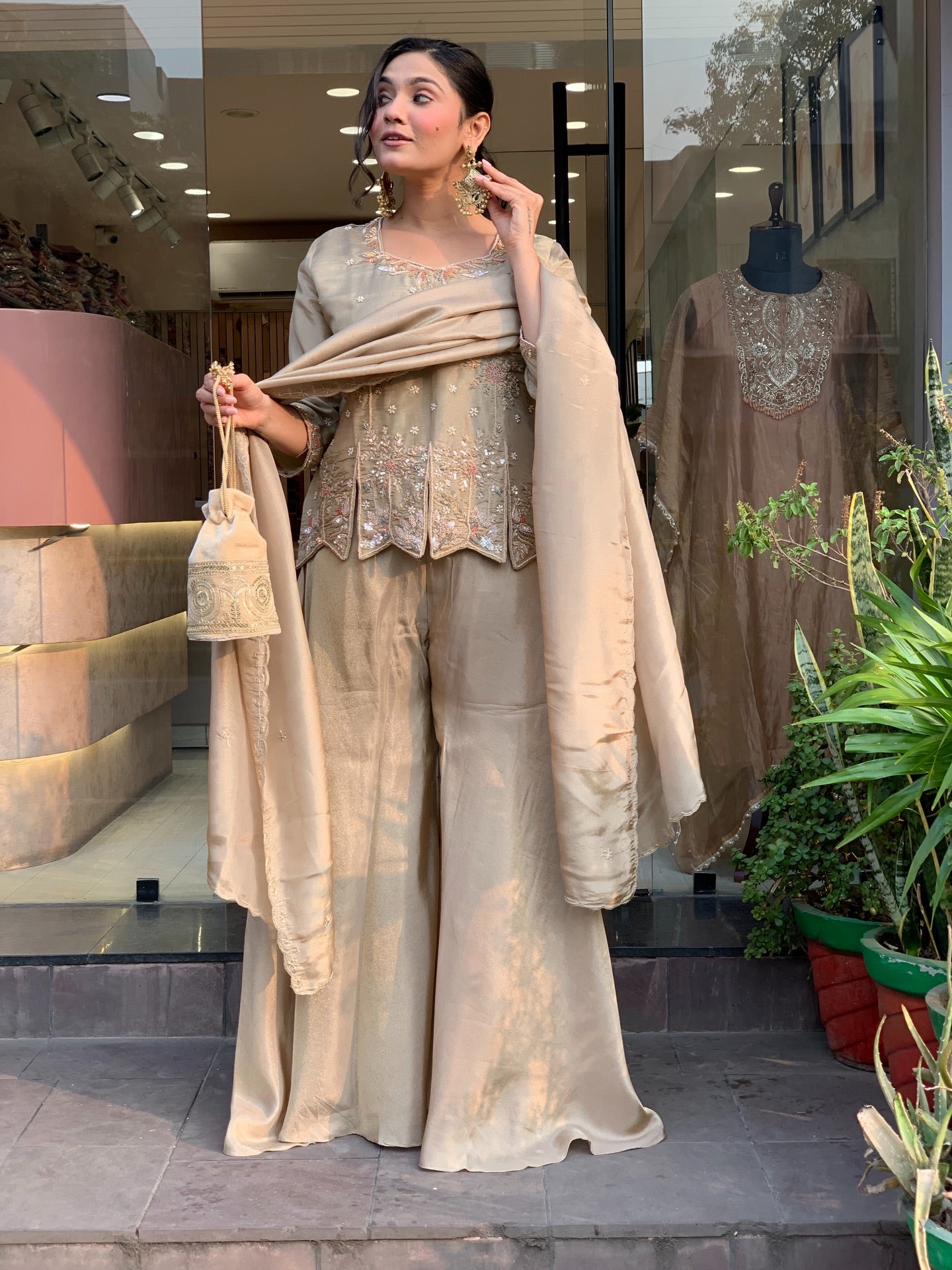 Champagne Embroidered Silk Palazzo Suit Set