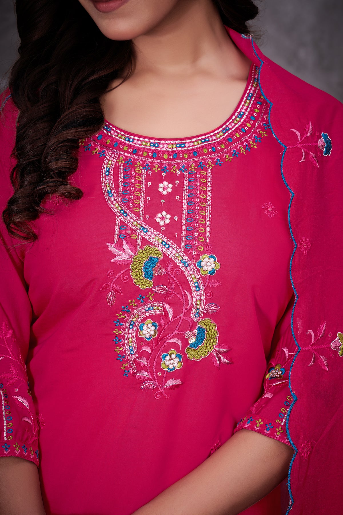 Pink Roman Silk Kurti Pant Set