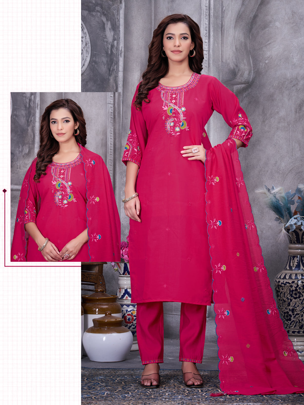 Pink Roman Silk Kurti Pant Set