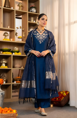 Navy Blue Embroidered Kurti Pant Dupatta Set