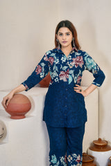 Teal Blue Pure Cotton Printed Co-Ord Set