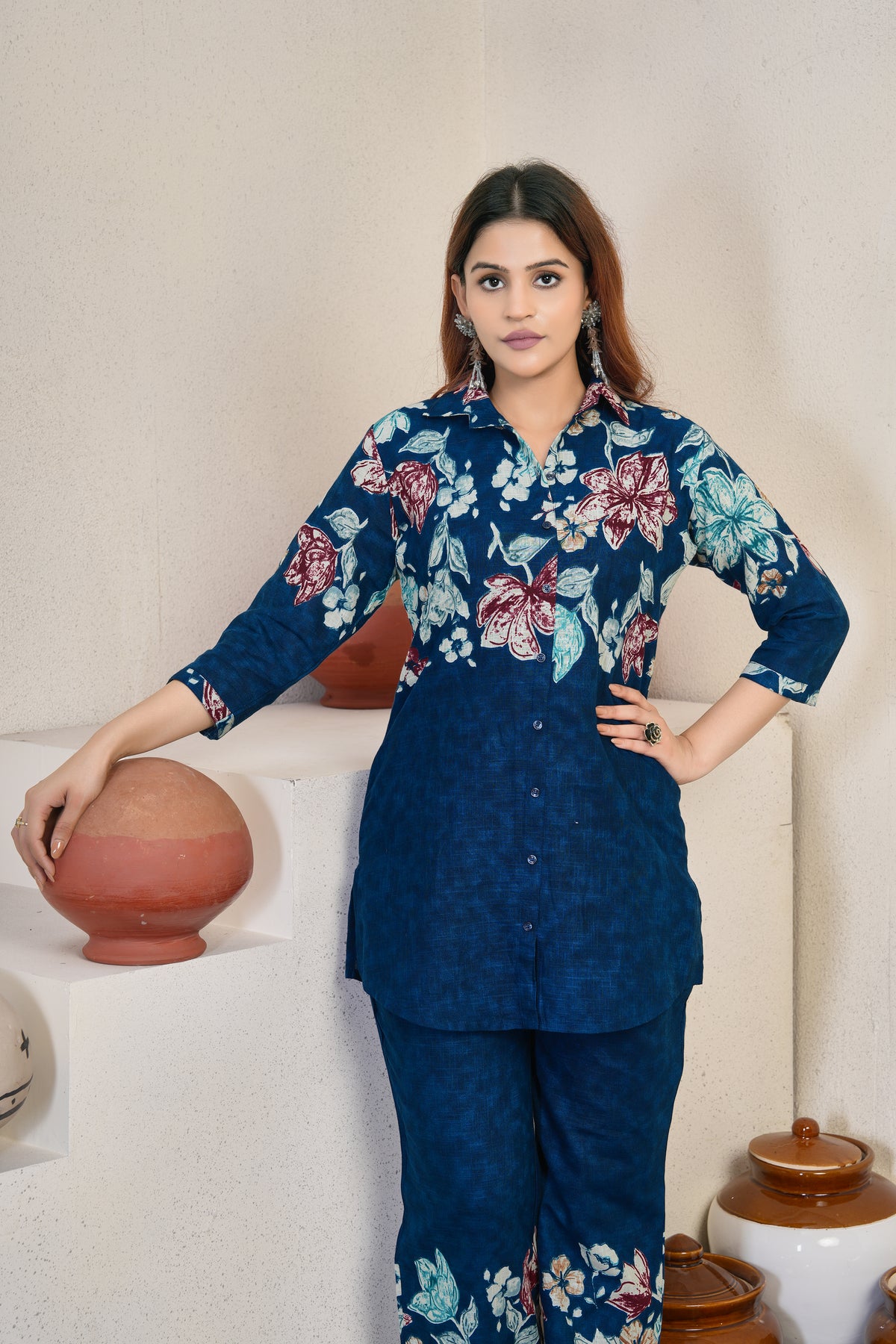 Teal Blue Pure Cotton Printed Co-Ord Set