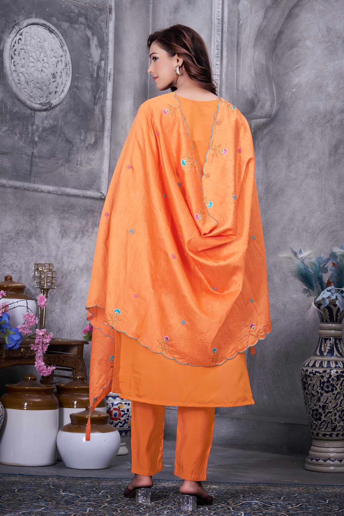 Orange Roman Silk Kurti Pant Set