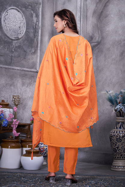 Orange Roman Silk Kurti Pant Set