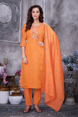 Orange Roman Silk Kurti Pant Set