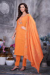 Orange Roman Silk Kurti Pant Set