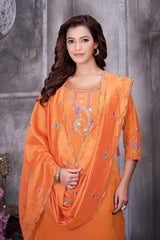 Orange Roman Silk Kurti Pant Set