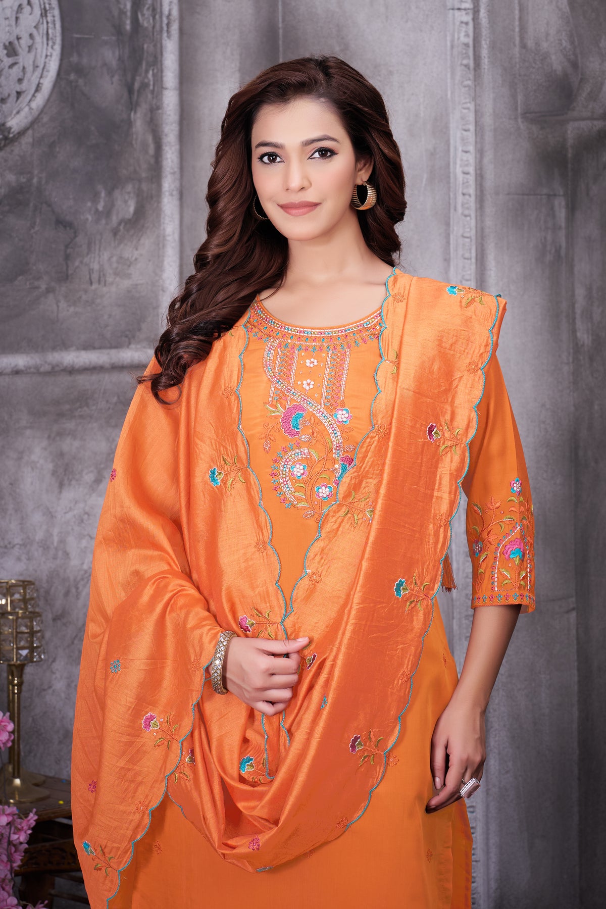 Orange Roman Silk Kurti Pant Set