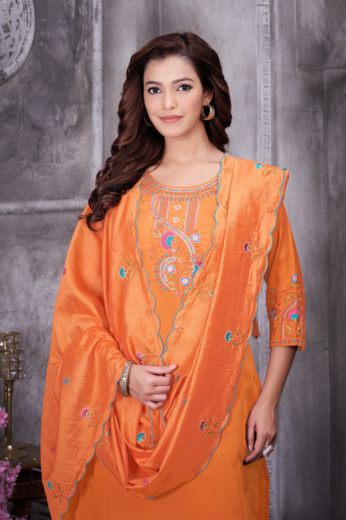 Orange Roman Silk Kurti Pant Set