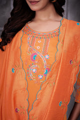 Orange Roman Silk Kurti Pant Set