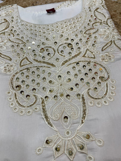 White Heavy Viscose Roman Silk Embroidered Kurti Pant Dupatta Set