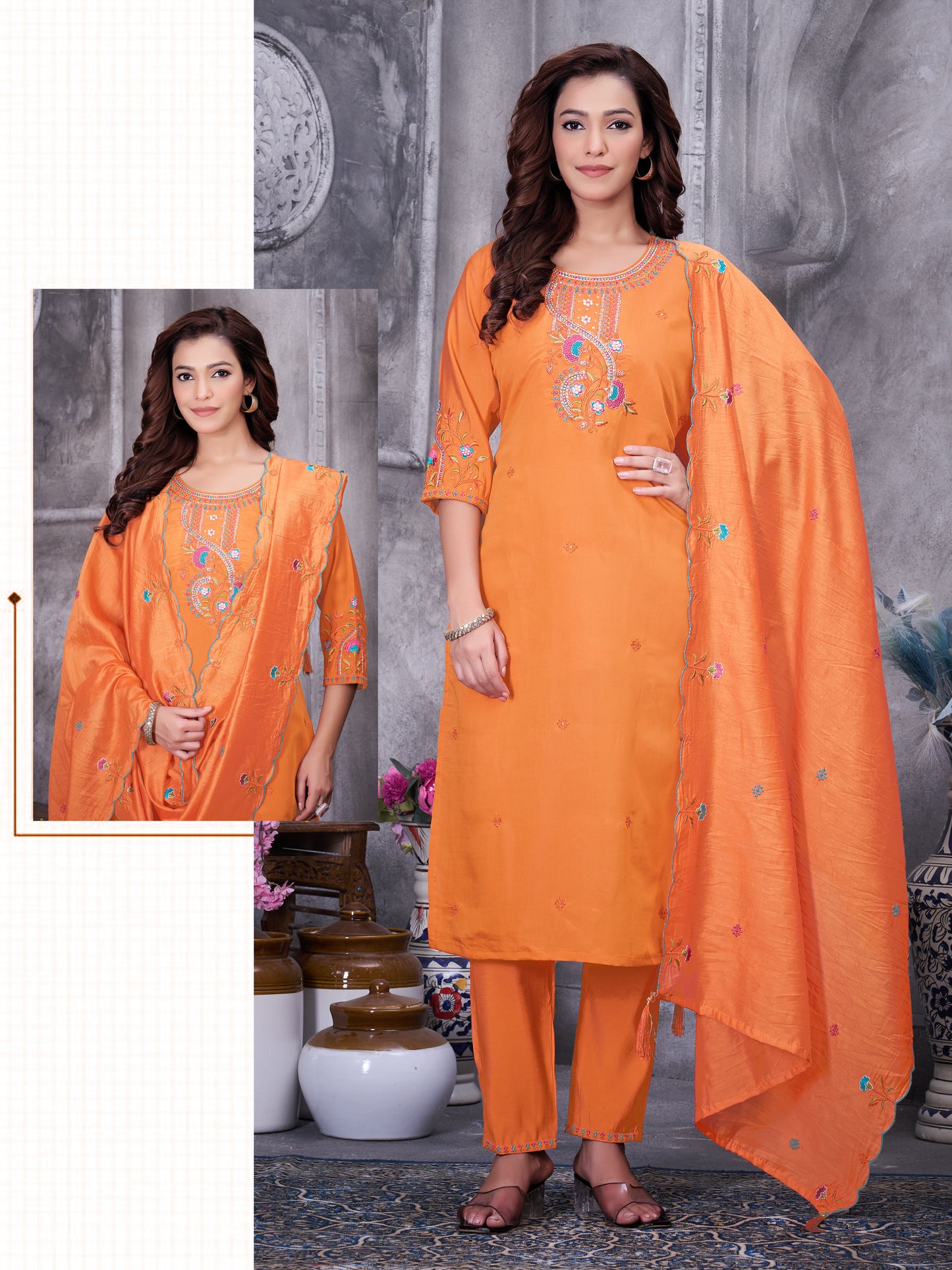Orange Roman Silk Kurti Pant Set