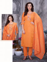 Orange Roman Silk Kurti Pant Set