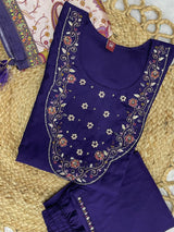 Elegant Navy Blue Premium Marina Silk Embroidered Kurti Pant Dupatta Set