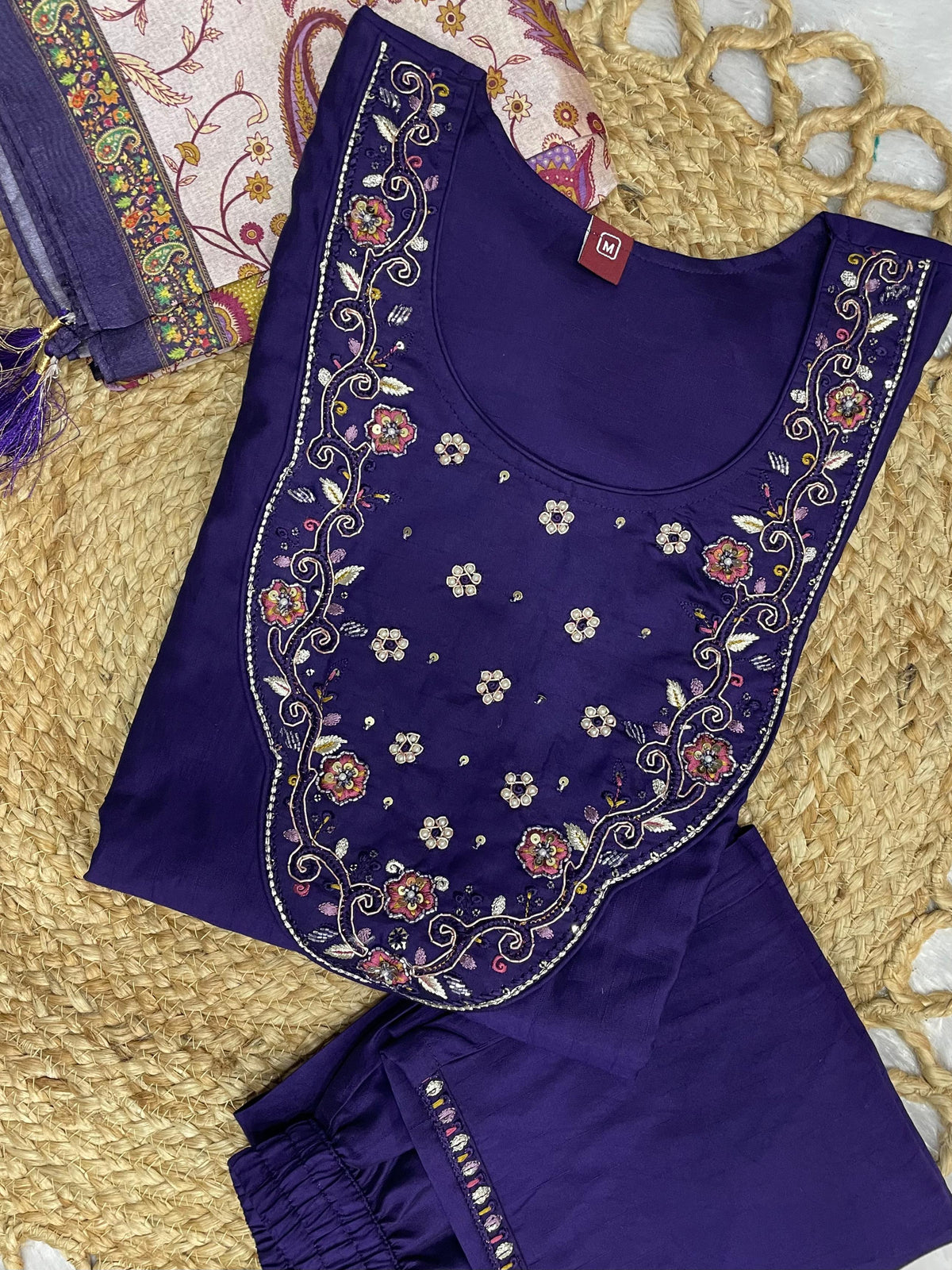 Elegant Navy Blue Premium Marina Silk Embroidered Kurti Pant Dupatta Set