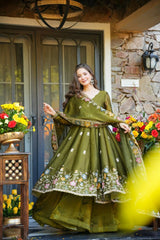 Olive Green Floral Embroidered Crunchy Silk Anarkali Suit Set