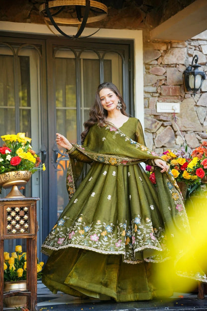 Olive Green Floral Embroidered Crunchy Silk Anarkali Suit Set