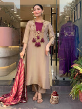 Elegant Beige Wine Designer Kurta Pant Dupatta Set for Women