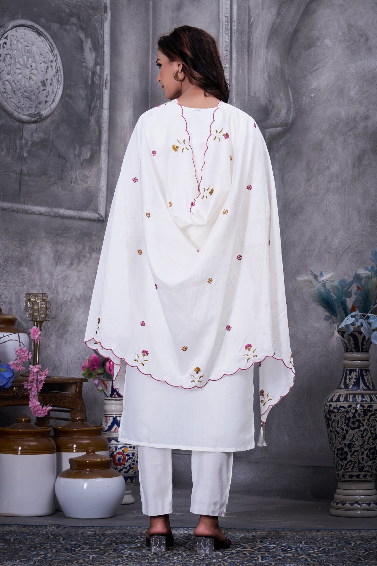 White Roman Silk Kurti Pant Set