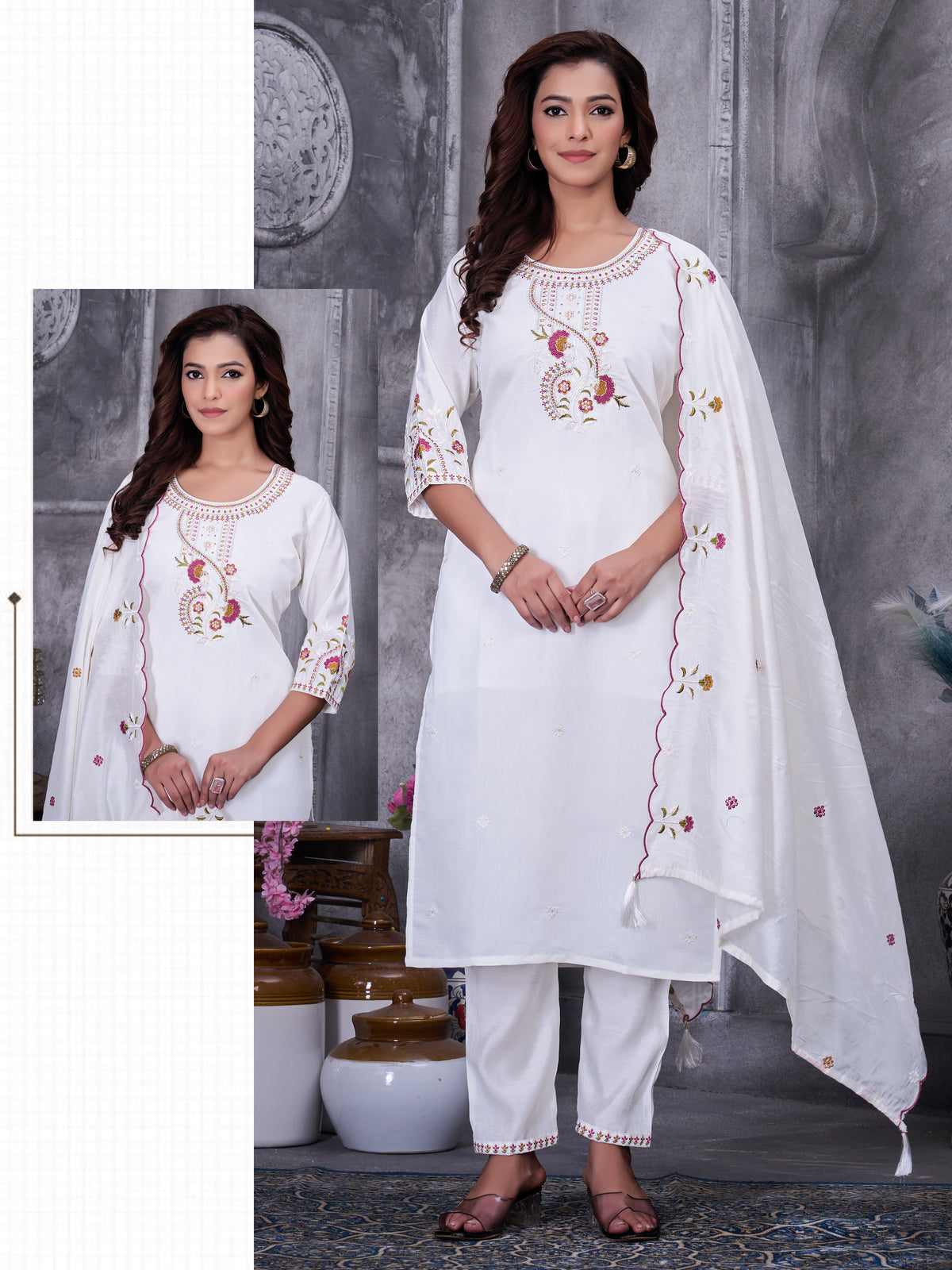 White Roman Silk Kurti Pant Set