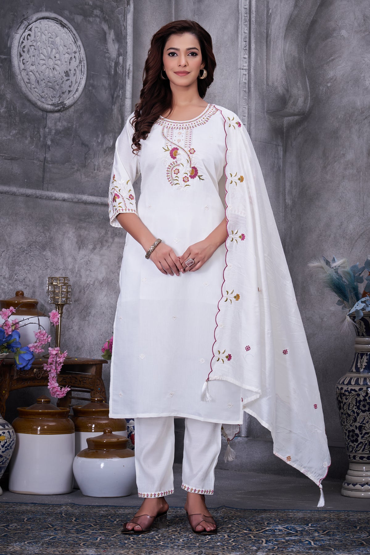 White Roman Silk Kurti Pant Set