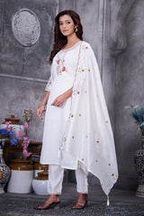 White Roman Silk Kurti Pant Set