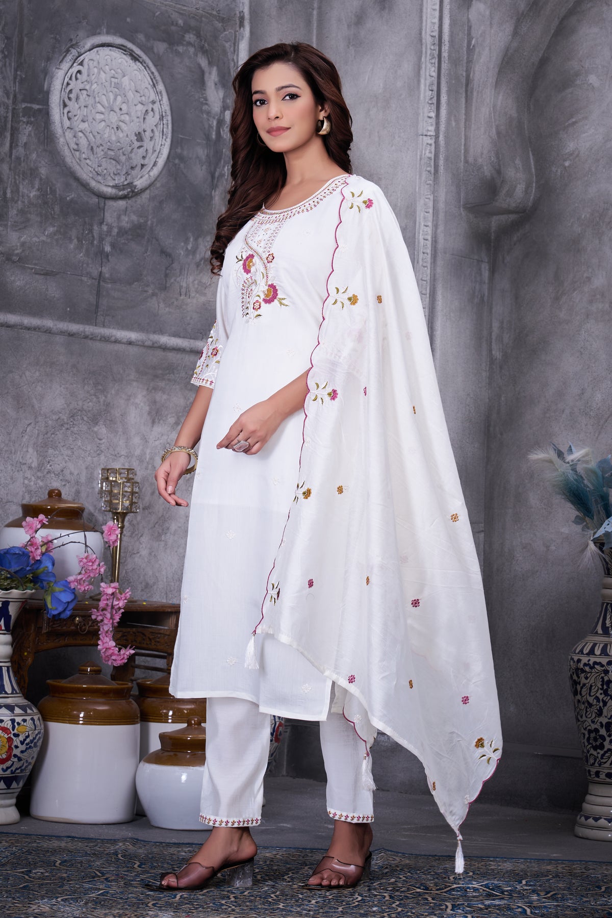 White Roman Silk Kurti Pant Set