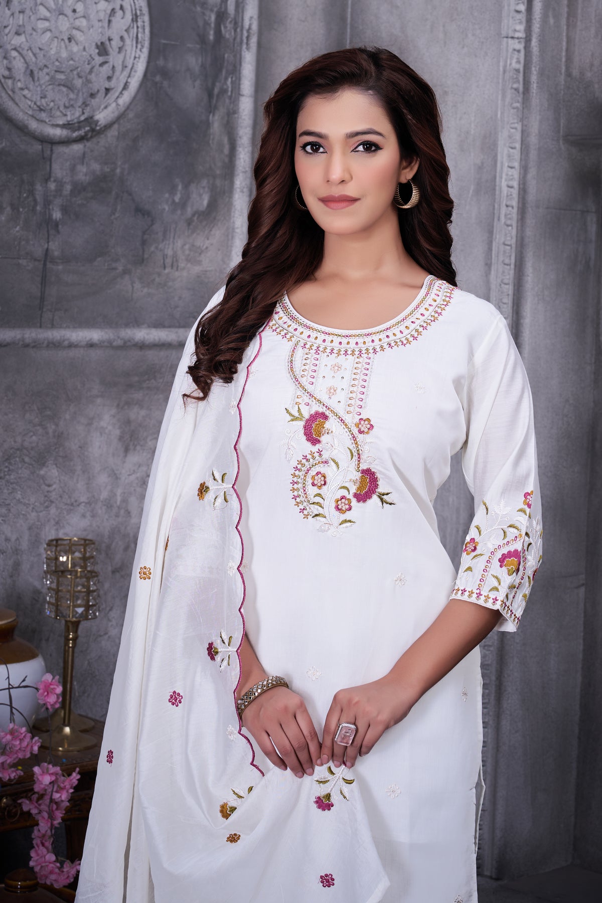White Roman Silk Kurti Pant Set
