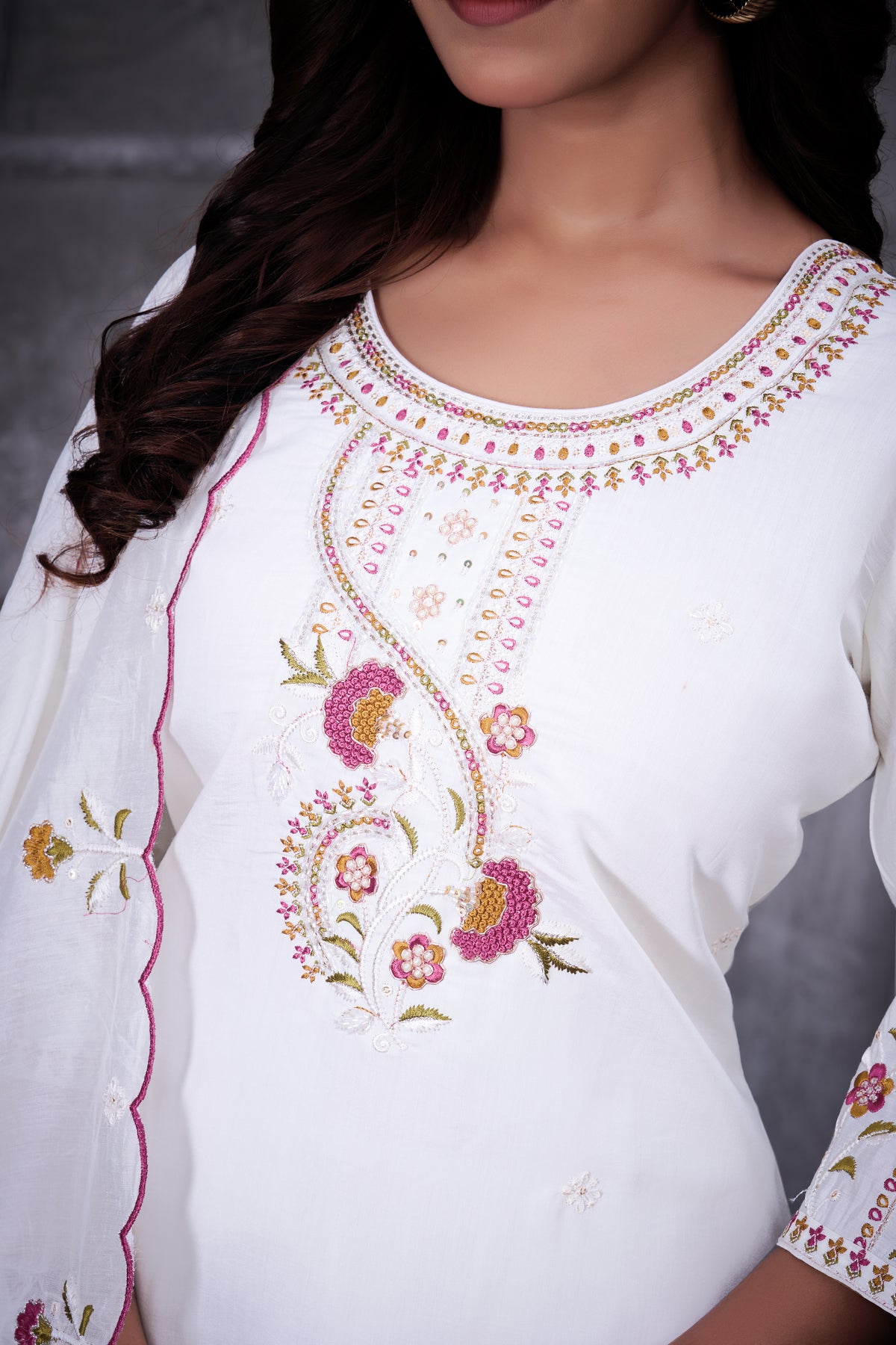 White Roman Silk Kurti Pant Set