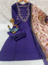 Elegant Navy Blue Premium Marina Silk Embroidered Kurti Pant Dupatta Set
