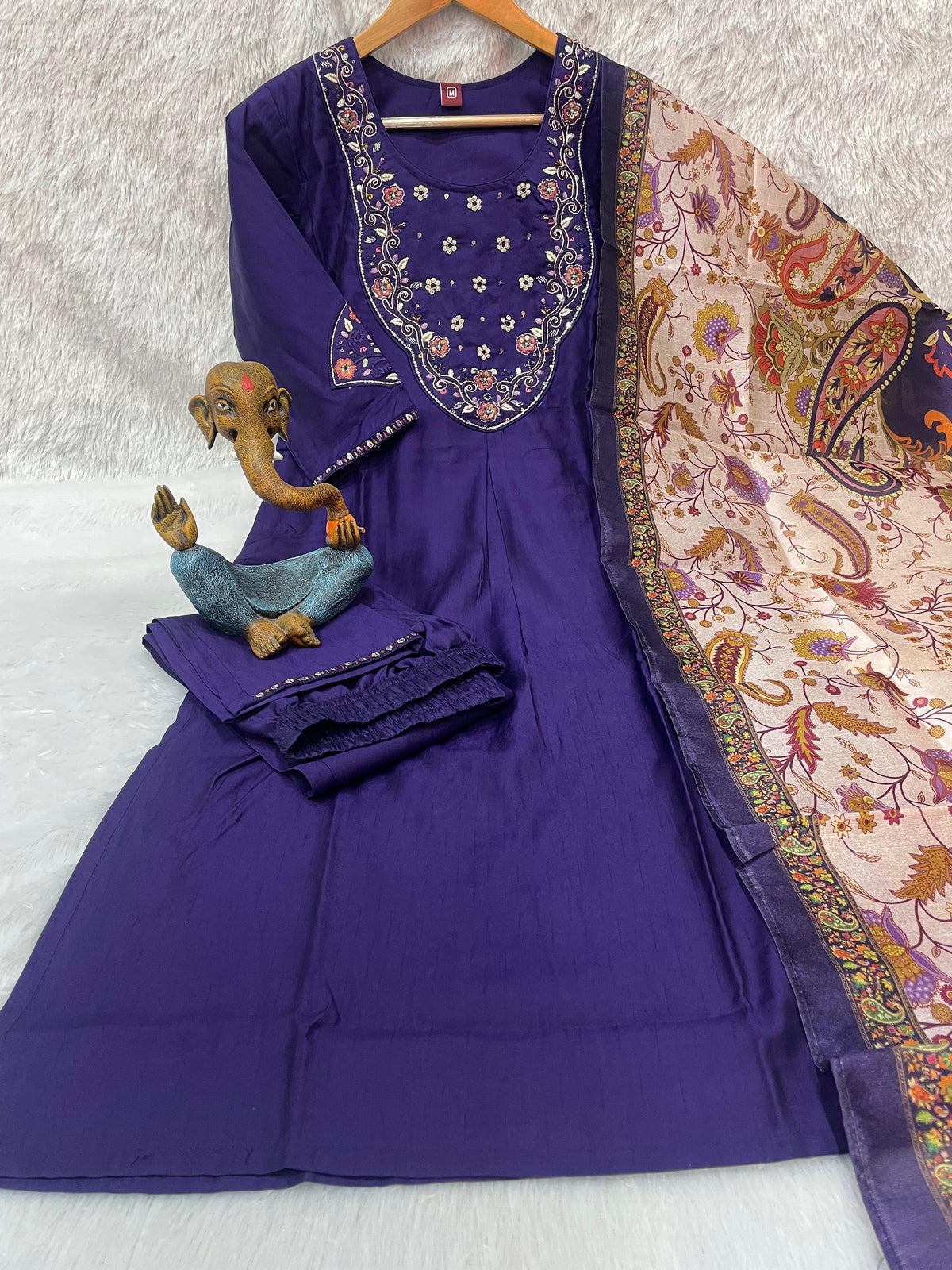 Elegant Navy Blue Premium Marina Silk Embroidered Kurti Pant Dupatta Set