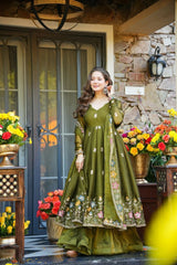 Olive Green Floral Embroidered Crunchy Silk Anarkali Suit Set