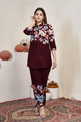 Wine Maroon Pure Cotton Printed Co-Ord Set