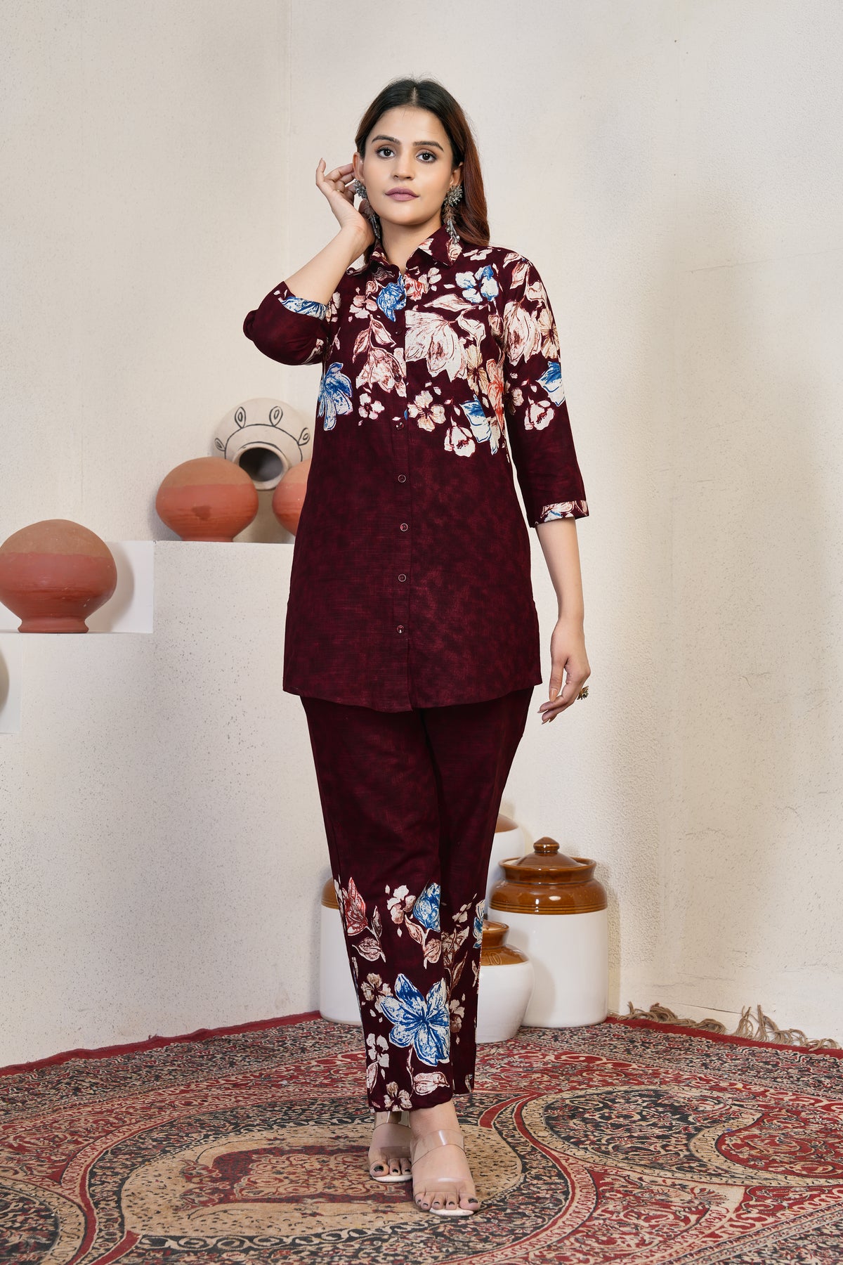Wine Maroon Pure Cotton Printed Co-Ord Set