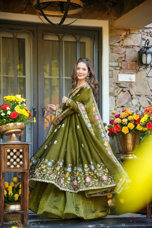 Olive Green Floral Embroidered Crunchy Silk Anarkali Suit Set