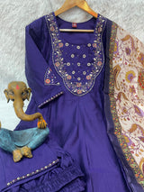 Elegant Navy Blue Premium Marina Silk Embroidered Kurti Pant Dupatta Set