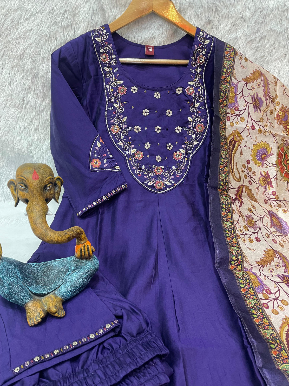 Elegant Navy Blue Premium Marina Silk Embroidered Kurti Pant Dupatta Set